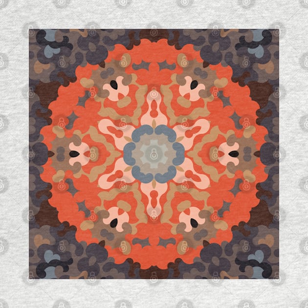 Retro Mandala Flower Orange Blue and Tan by WormholeOrbital